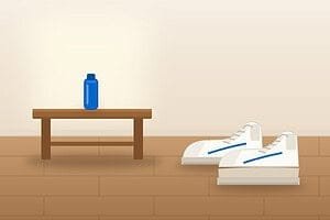 Getting used to a shoe lift: white walking sneakers, one with a built-in sole lift, beside a wooden bench with a blue water bottle in a home entryway